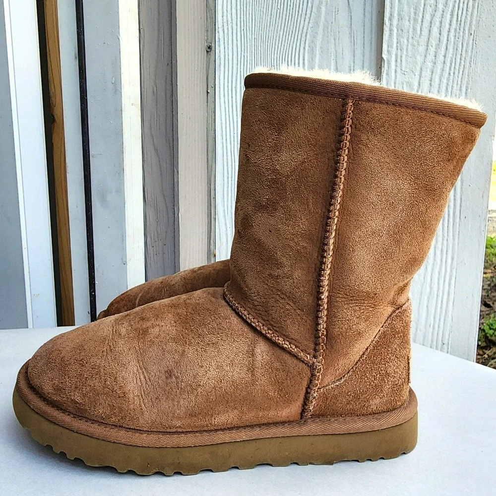 UGG Sz 7 Y2K Chestnut Suede Classic Short Boots Mid Calf Pull On Early 2000s
